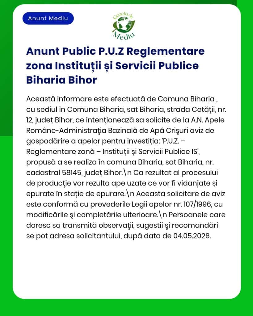 Anunț privind reglementarea zonelor de utilitate publică și servicii în Biharia, Bihor, cu detalii despre proiectul propus.