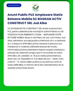 Anunț despre planul urbanistic pentru stație mobilă de carburanți în Piane de Jos, Alba, cu detalii proiect și impact de mediu.