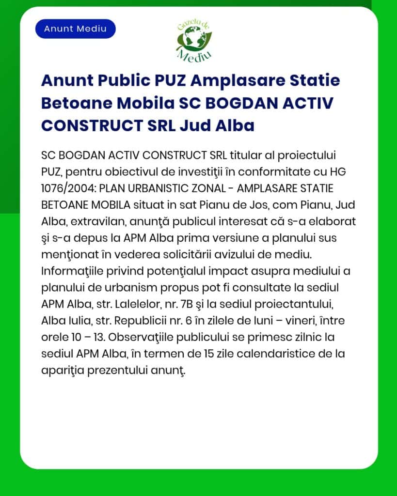 Anunț despre planul urbanistic pentru stație mobilă de carburanți în Piane de Jos, Alba, cu detalii proiect și impact de mediu.