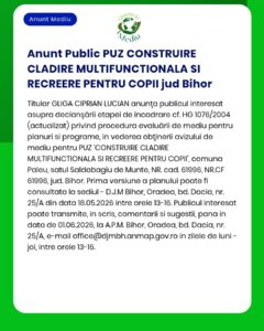 Anunț privind planul urbanistic pentru o clădire multifuncțională de agrement pentru copii în județul Bihor.
