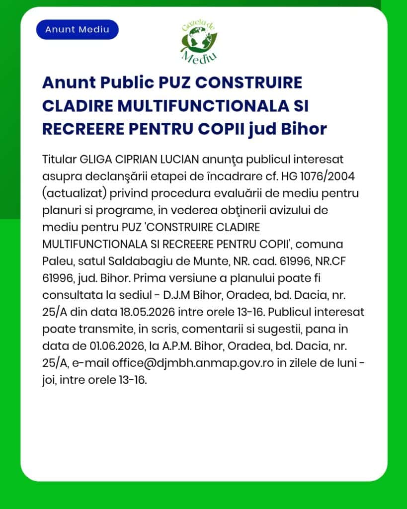 Anunț privind planul urbanistic pentru o clădire multifuncțională de agrement pentru copii în județul Bihor.
