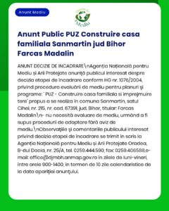 APM anunță procedură de mediu pentru construirea unei case familiale în Samartin, Bihor, emisă de Farcas Madalin.