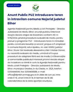 APM Bihor anunță evaluare de mediu pentru un proiect de dezvoltare a terenului în Nojordi, Apateu, Bihor.