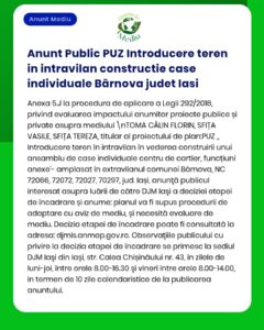 Anunț PUZ pentru introducerea terenului caz individual în Bârnova, județul Iași, cu detalii proiect și număr de parcele afectate.