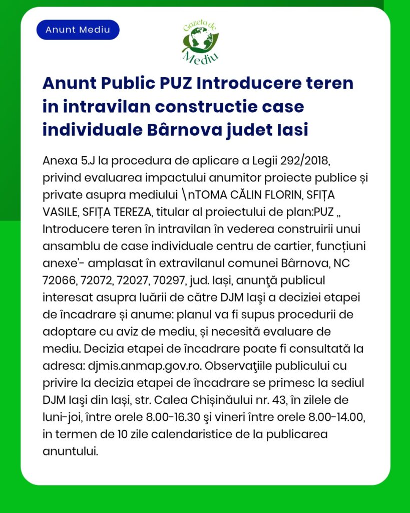 Anunț PUZ pentru introducerea terenului caz individual în Bârnova, județul Iași, cu detalii proiect și număr de parcele afectate.