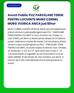 Anunț privind Planul Urbanistic Zonal (PUZ) pentru noi loturi în Oradea, județul Bihor.