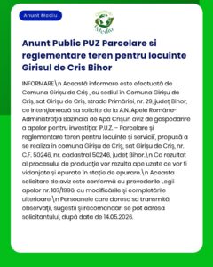 Anunț privind reglementări urbanism și parcelare zona rezidențială Girișu de Criș, Bihor, cu detalii comunitare și de mediu.