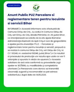 Anunț despre PUZ parcele și reglementări pentru locuințe și servicii în Bihor, cu detalii pentru comuna Girișu de Criș.