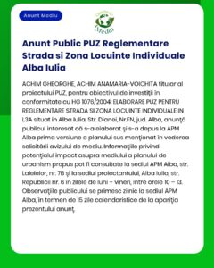 Anunț privind planul urbanistic propus pentru zonele de locuințe individuale din Alba Iulia, detalii despre vizualizare document.
