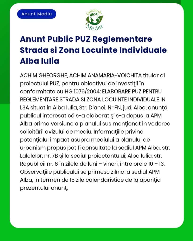 Anunț privind planul urbanistic propus pentru zonele de locuințe individuale din Alba Iulia, detalii despre vizualizare document.