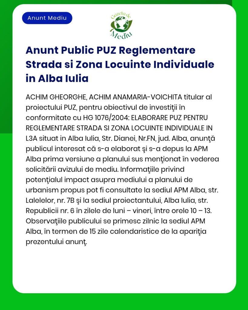 Anunț privind publicarea PUZ pentru reglementare locuințe individuale pe Strada L3A, Alba Iulia.
