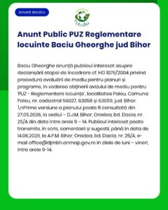 Plan de reglementare urbană pentru locuințe în Baciu Gheorghe, Paleu, Bihor. Termen limită de depunere a observațiilor.