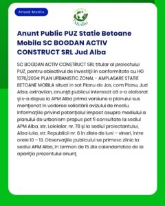 Proiect urbanistic pentru stație de betoane în Panu de Jos, Alba, anunțat de APM.