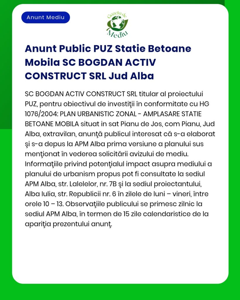 Proiect urbanistic pentru stație de betoane în Panu de Jos, Alba, anunțat de APM.
