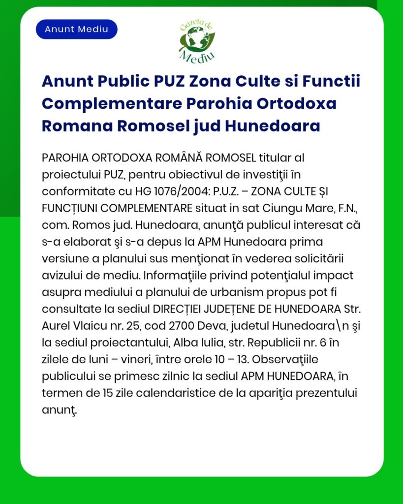 Plan urbanistic pentru Parohia Ortodoxă din Romosel, Hunedoara privind obiectivele de investiții.