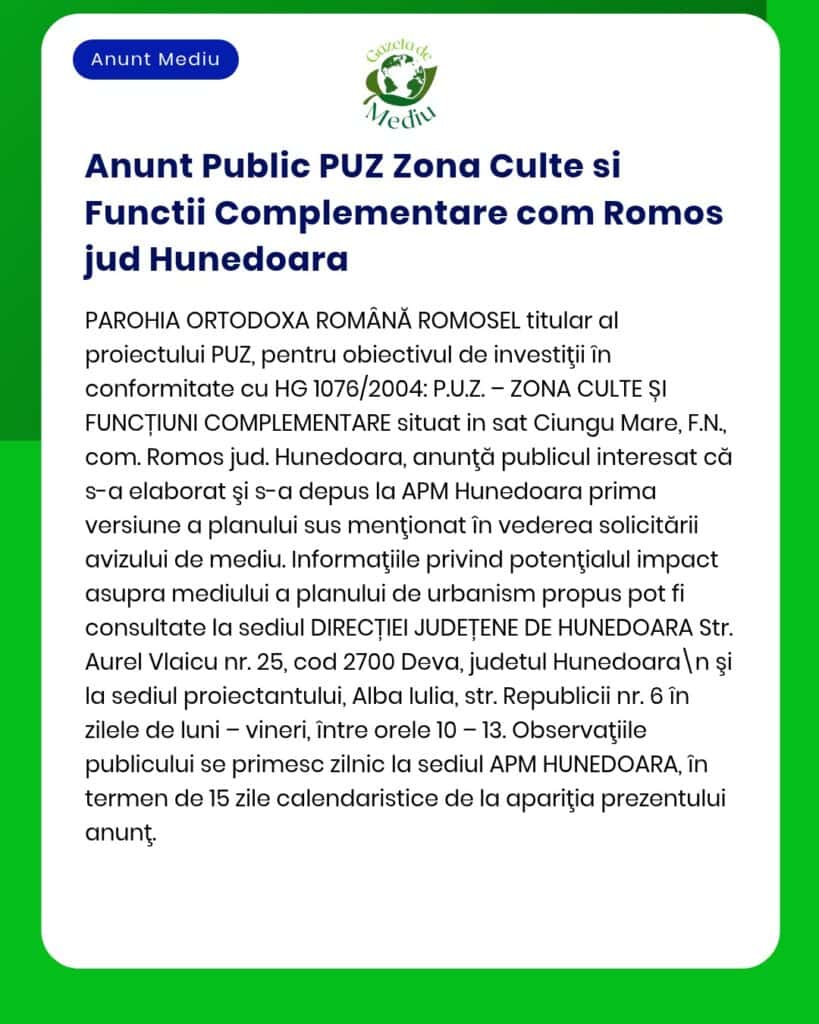 Anunț privind sesiunea de informare pentru un proiect de urbanism în Hunedoara, organizat de Parohia Ortodoxă Romosel.