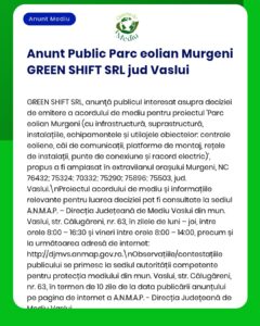Anunț despre proiectul parc eolian Murgeni din Vaslui, cu informații privind procedurile de mediu derulate de APM.