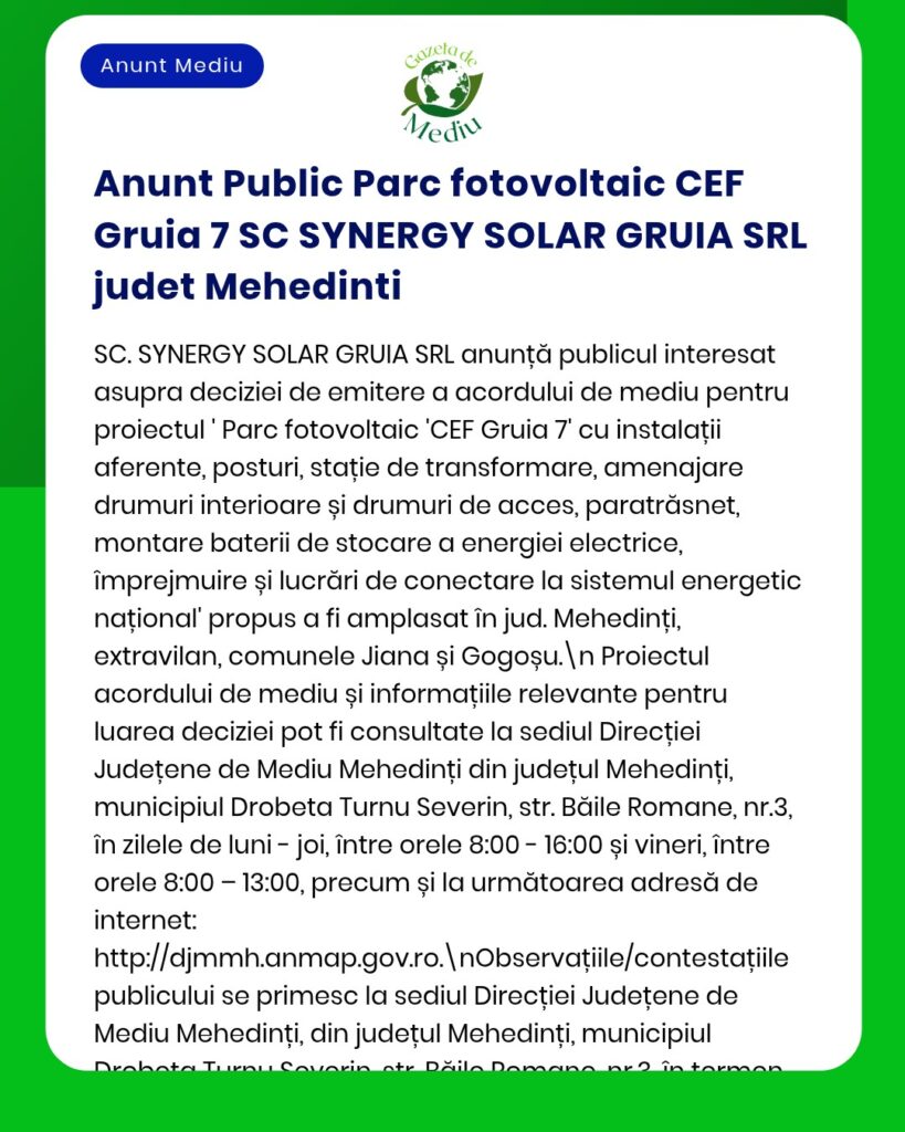 Proiect interes public SC SYNERGY SOLAR GRUIA SRL: parc fotovoltaic și infrastructură propusă în județul Mehedinți.