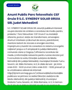 Anunț privind proiect parc fotovoltaic Mehedinți, detalii tehnice și proceduri de mediu conform cerințelor APM.
