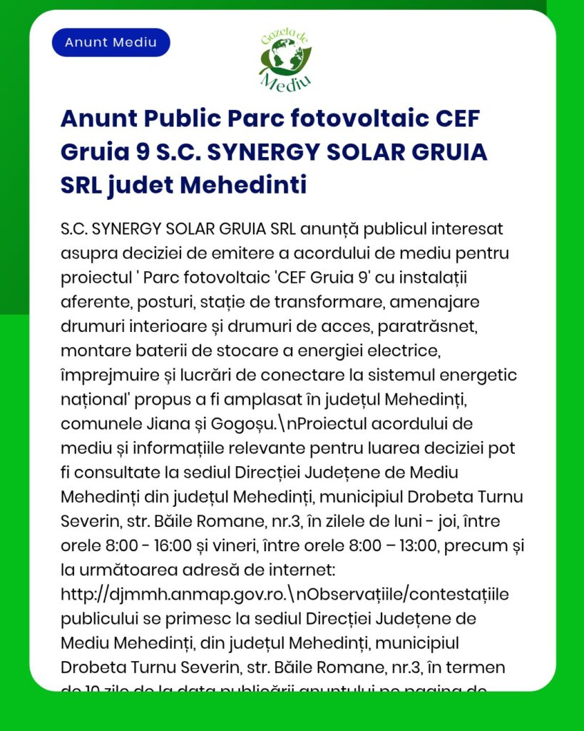 Anunț privind proiect parc fotovoltaic Mehedinți, detalii tehnice și proceduri de mediu conform cerințelor APM.