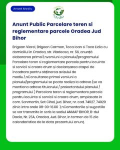 Anunt Public Anunt Public Parcelare teren si reglementare parcele Oradea Jud. Bihor.