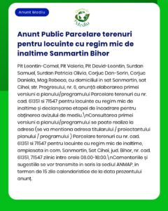 Anunț public privind parcelarea terenurilor pentru construirea de locuințe joase în Sânmartin, Bihor. Sunt furnizate detalii privind elaborarea planului și consultarea publică.