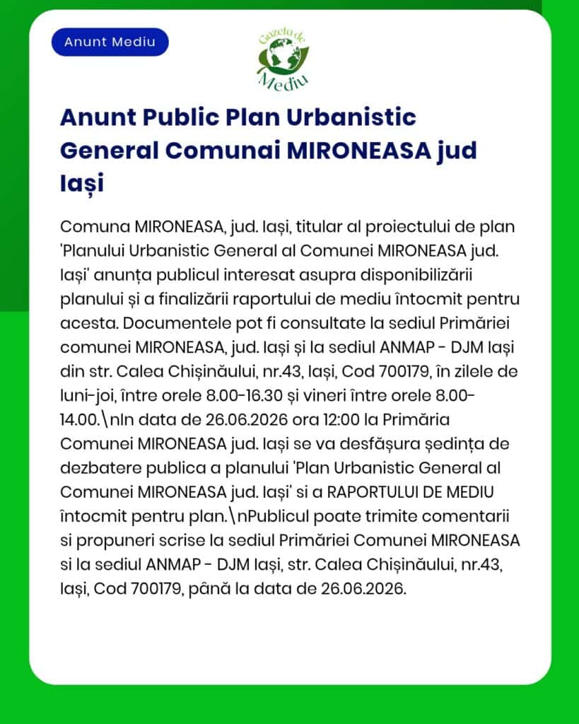 Planul Urbanistic General Mironeasa, Iași; informații despre disponibilitatea documentelor.