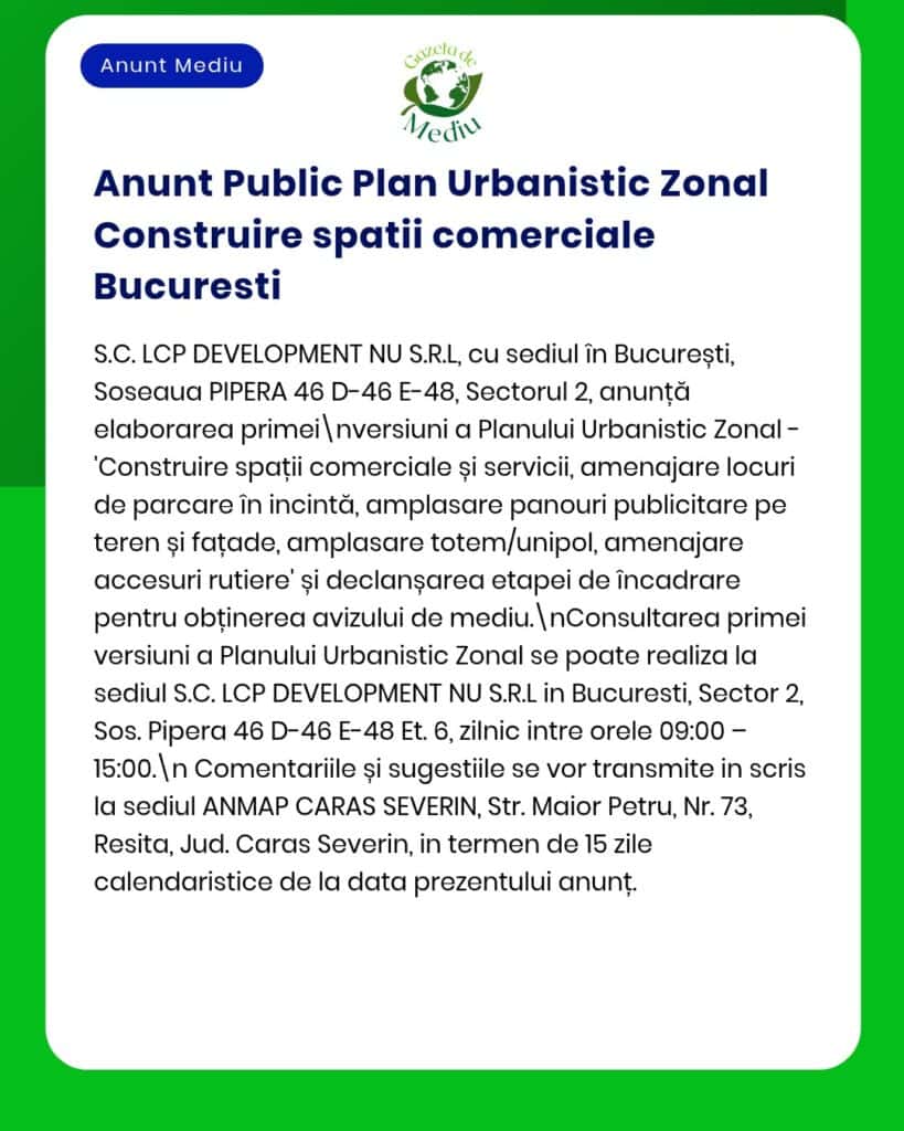 Anunț privind construirea unor spații comerciale în București, cu detalii despre proiect.