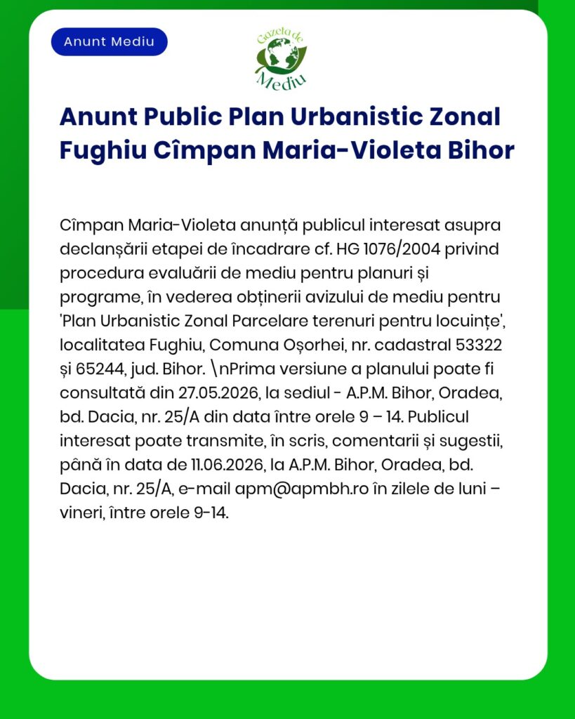 Anunț privind Planul Urbanistic Zonal pentru Fughiu, Bihor, cu detalii despre locație și date relevante.