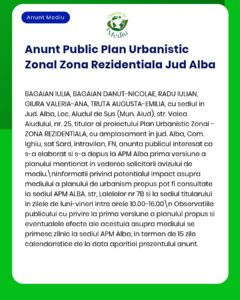 Anunț privind Planul Urbanistic Zonal pentru zona rezidențială din județul Alba.