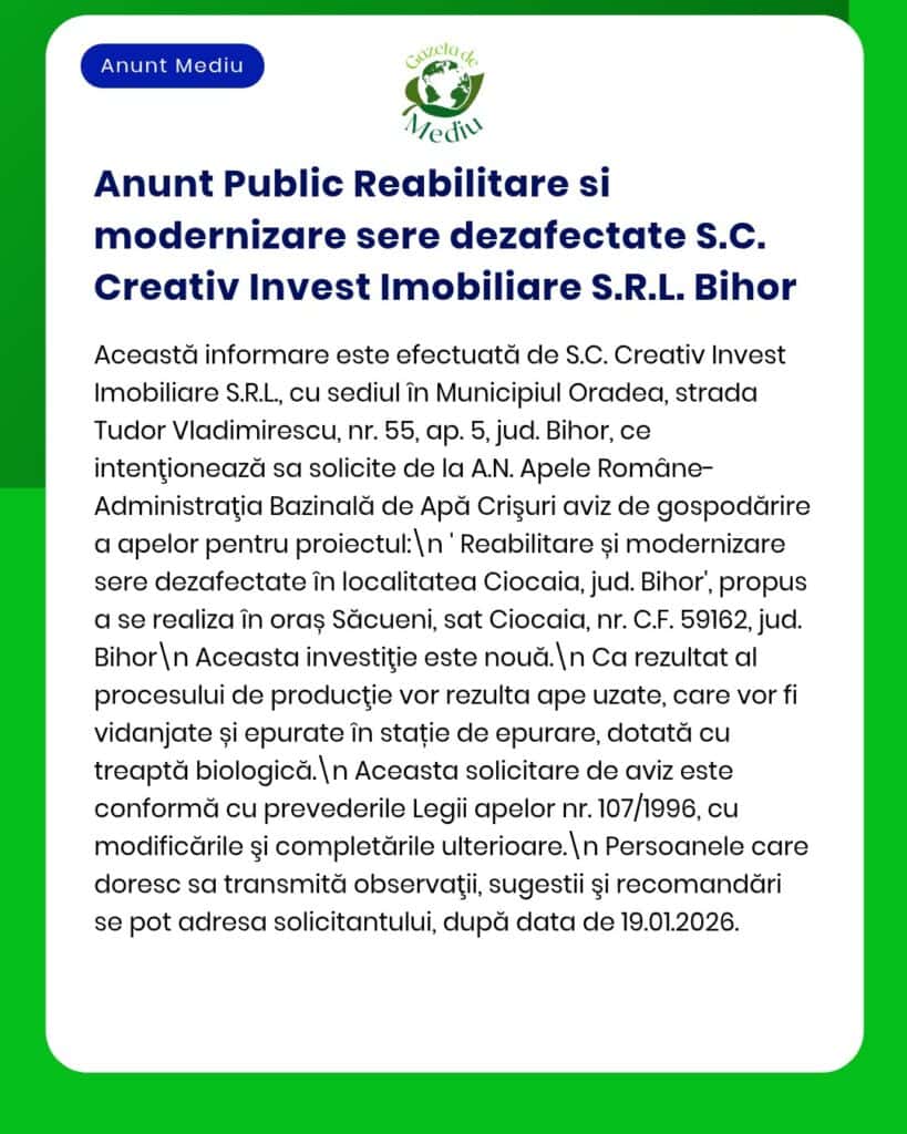Reabilitarea și modernizarea serelor dezafectate de către S.C. Creativ Invest Imobiliare S.R.L. Bihor, Ciocaia, România.