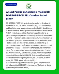 SC DORBOB PROD SRL solicită avize de mediu pentru activități de panificație, patiserie, biscuiți și snacksuri în Oradea, Bihor.