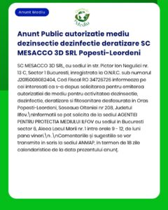 SC MESACCO 3D SRL solicită autorizație de mediu pentru dezinsecție, deratizare și combatere dăunători în Popești-Leordeni.