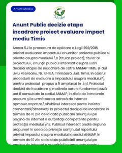 Anunț despre emiterea deciziei pe etapa evaluării impactului asupra mediului pentru un proiect din Timiș, emis de APM Timiș.