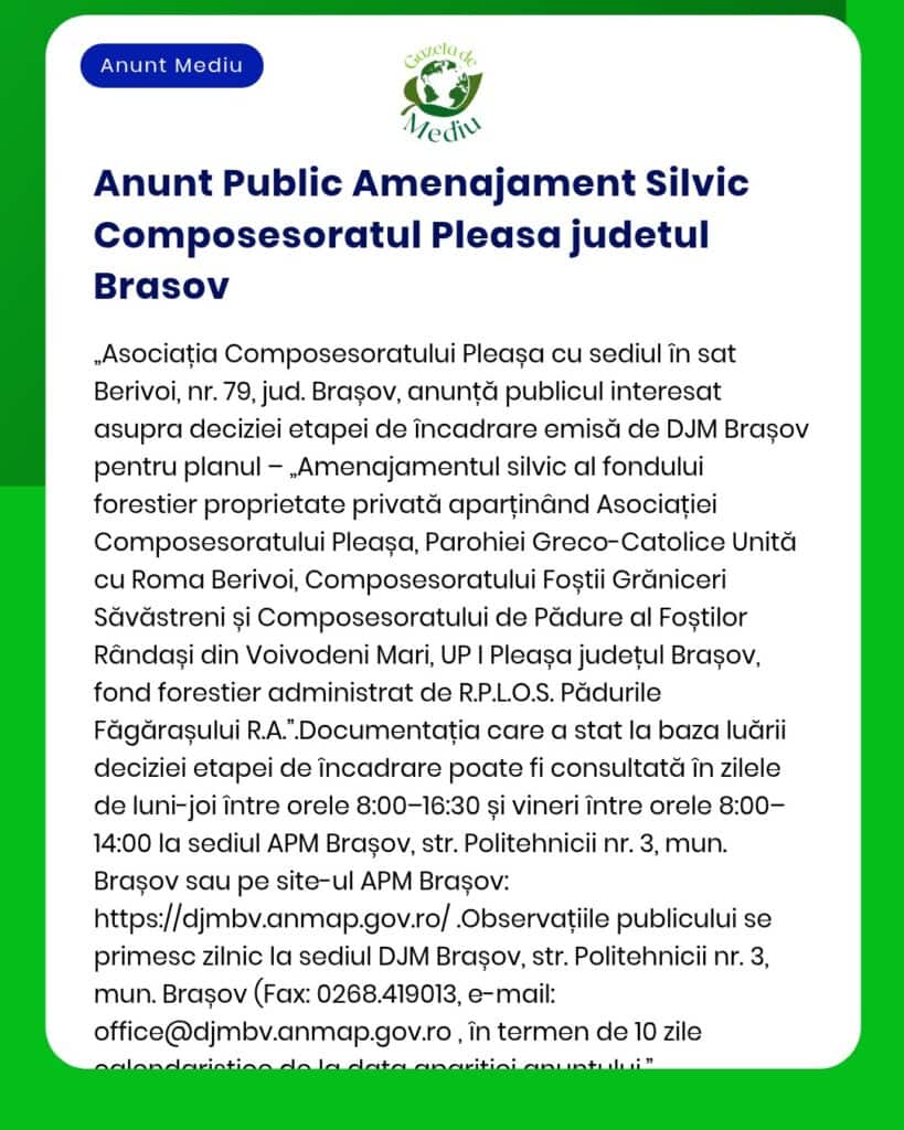 Anunt Public Amenajament Silvic Composesoratul Pleasa judetul Brasov