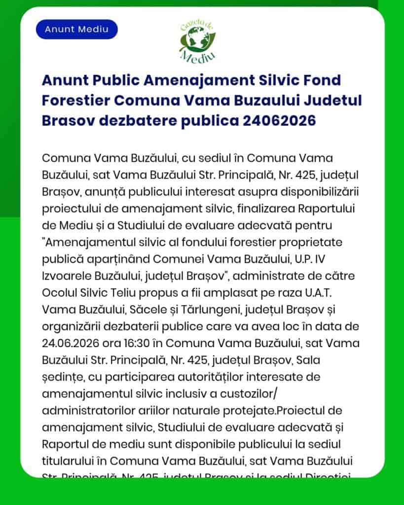 Anunt Public Amenajament Silvic Fond Forestier Comuna Vama Buzaului Ju
