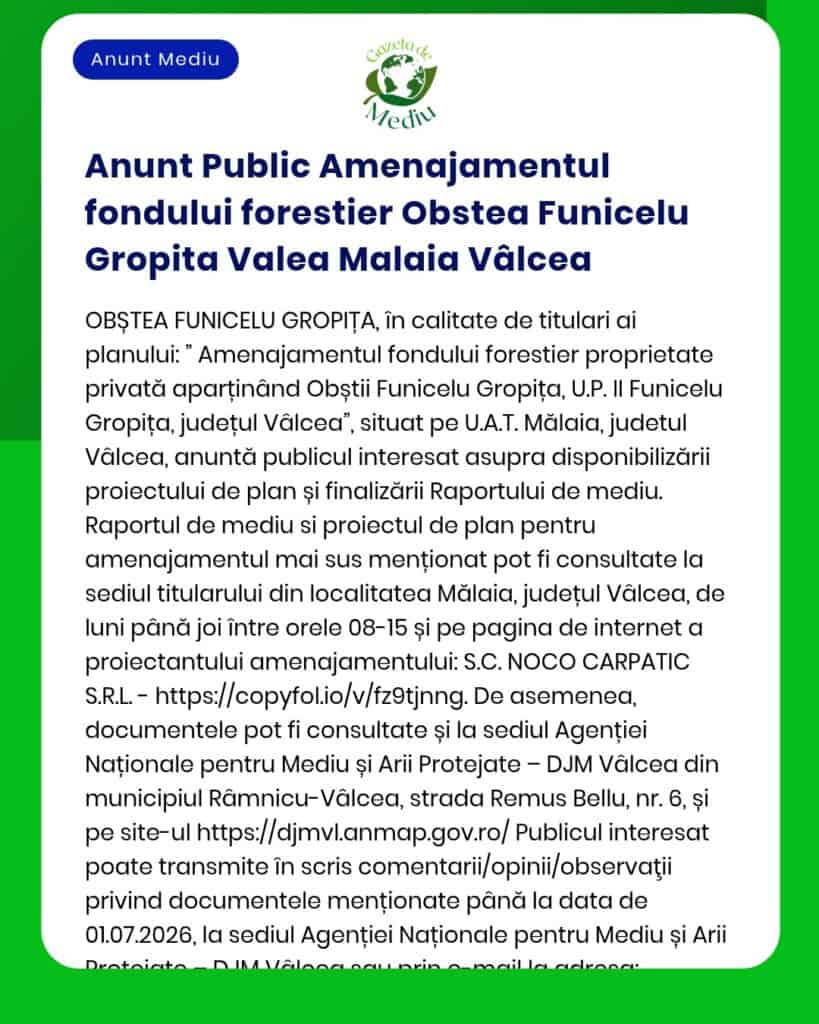Anunt Public Amenajamentul fondului forestier Obstea Funicelu Gropita