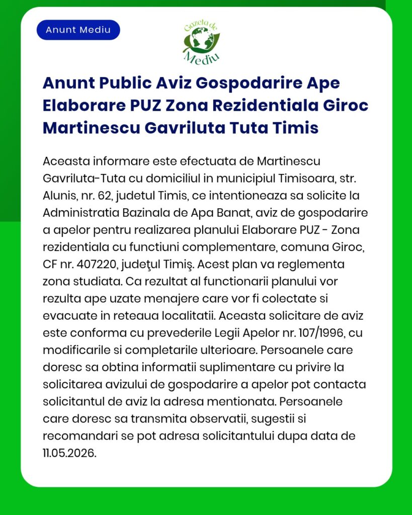 Anunt Public Aviz Gospodarire Ape Elaborare PUZ Zona Rezidentiala Giro