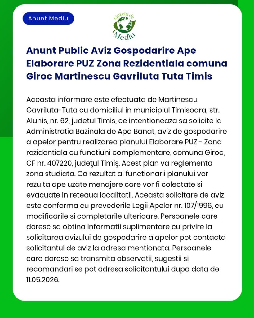 Anunt Public Aviz Gospodarire Ape Elaborare PUZ Zona Rezidentiala comu