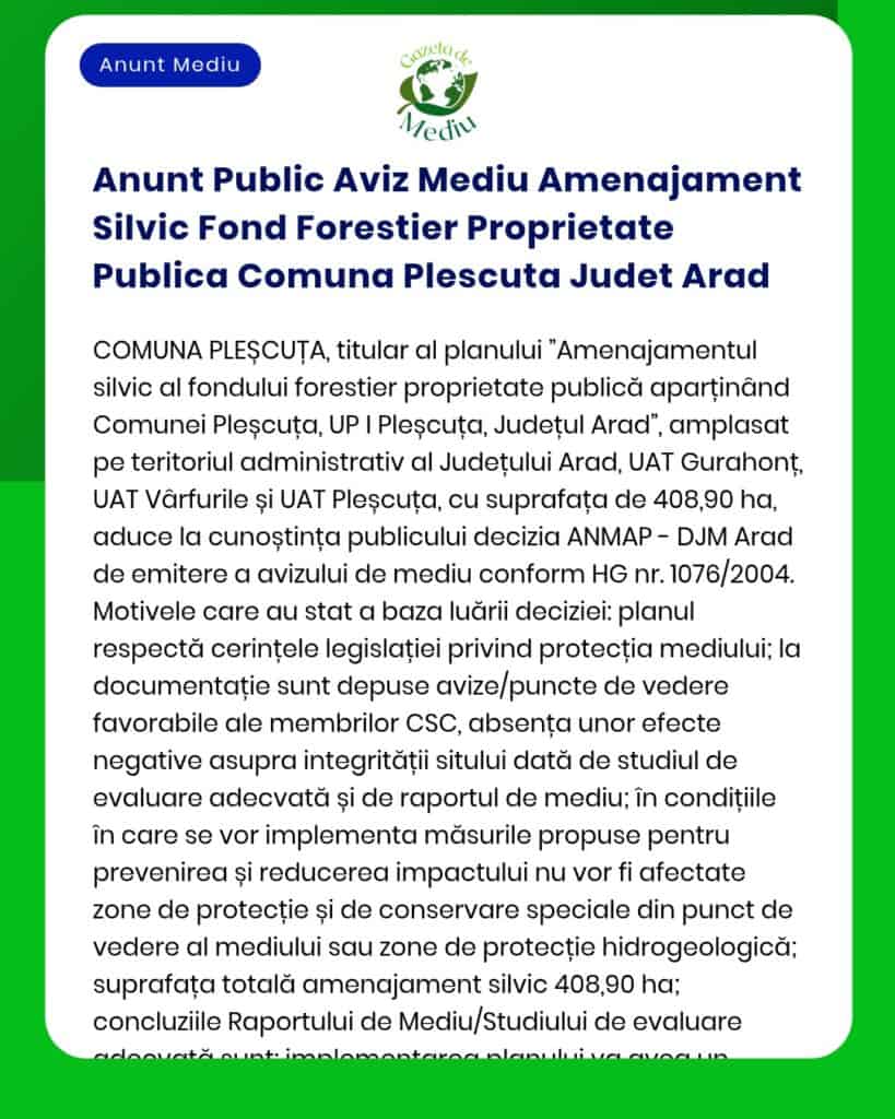 Anunt Public Aviz Mediu Amenajament Silvic Fond Forestier Proprietate
