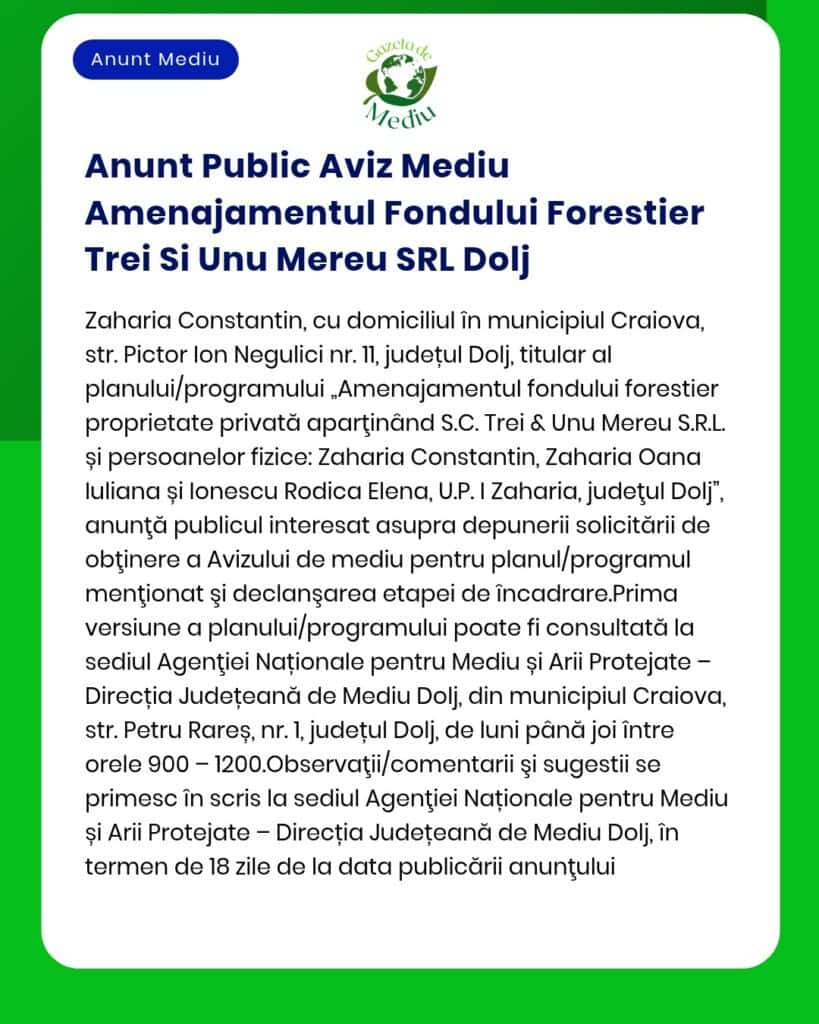 Anunt Public Aviz Mediu Amenajamentul Fondului Forestier Trei Si Unu M