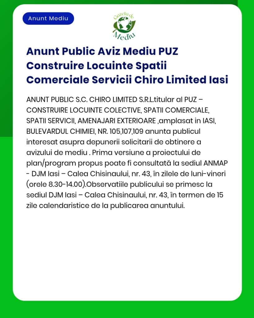 Anunt Public Aviz Mediu PUZ Construire Locuinte Spatii Comerciale Serv