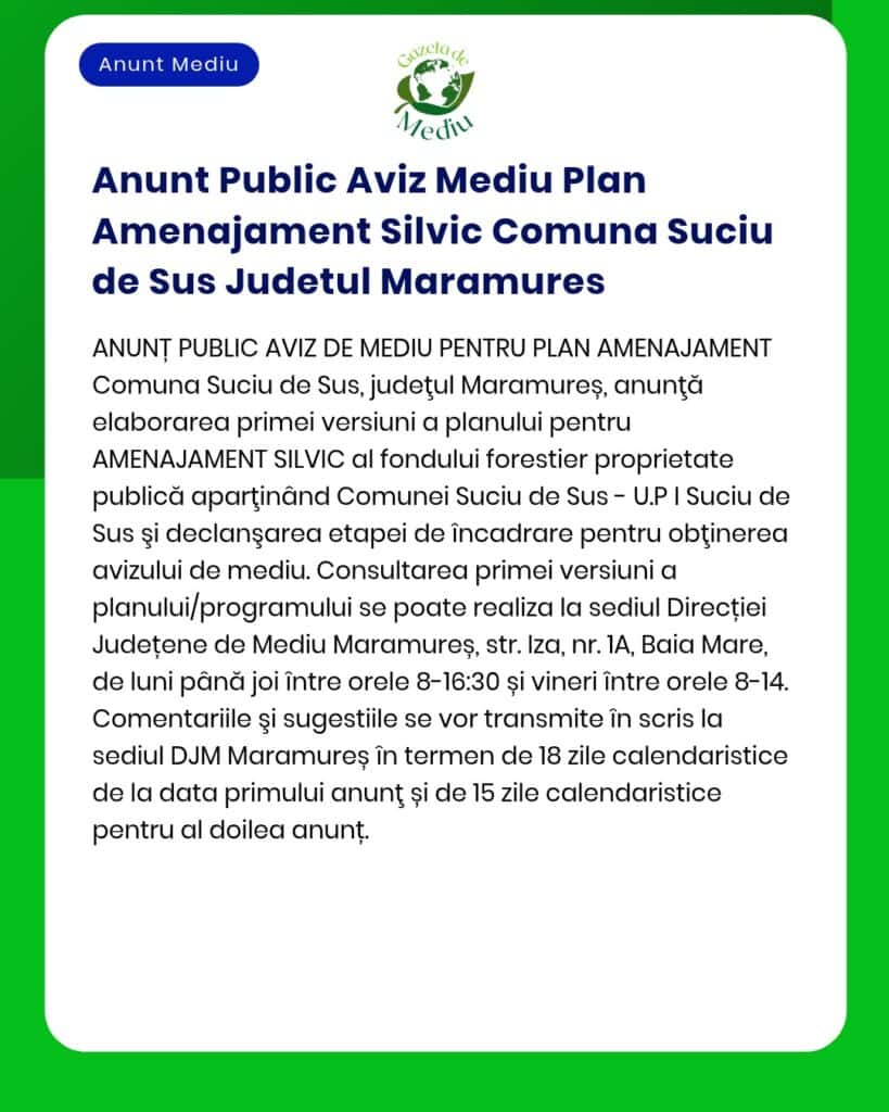 Anunt Public Aviz Mediu Plan Amenajament Silvic Comuna Suciu de Sus Ju