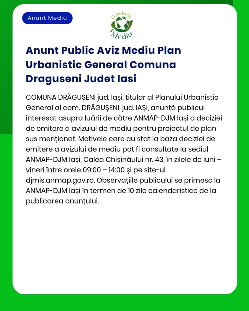 Anunt Public Aviz Mediu Plan Urbanistic General Comuna Draguseni Judet