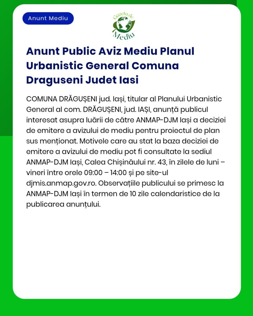 Anunt Public Aviz Mediu Planul Urbanistic General Comuna Draguseni Jud