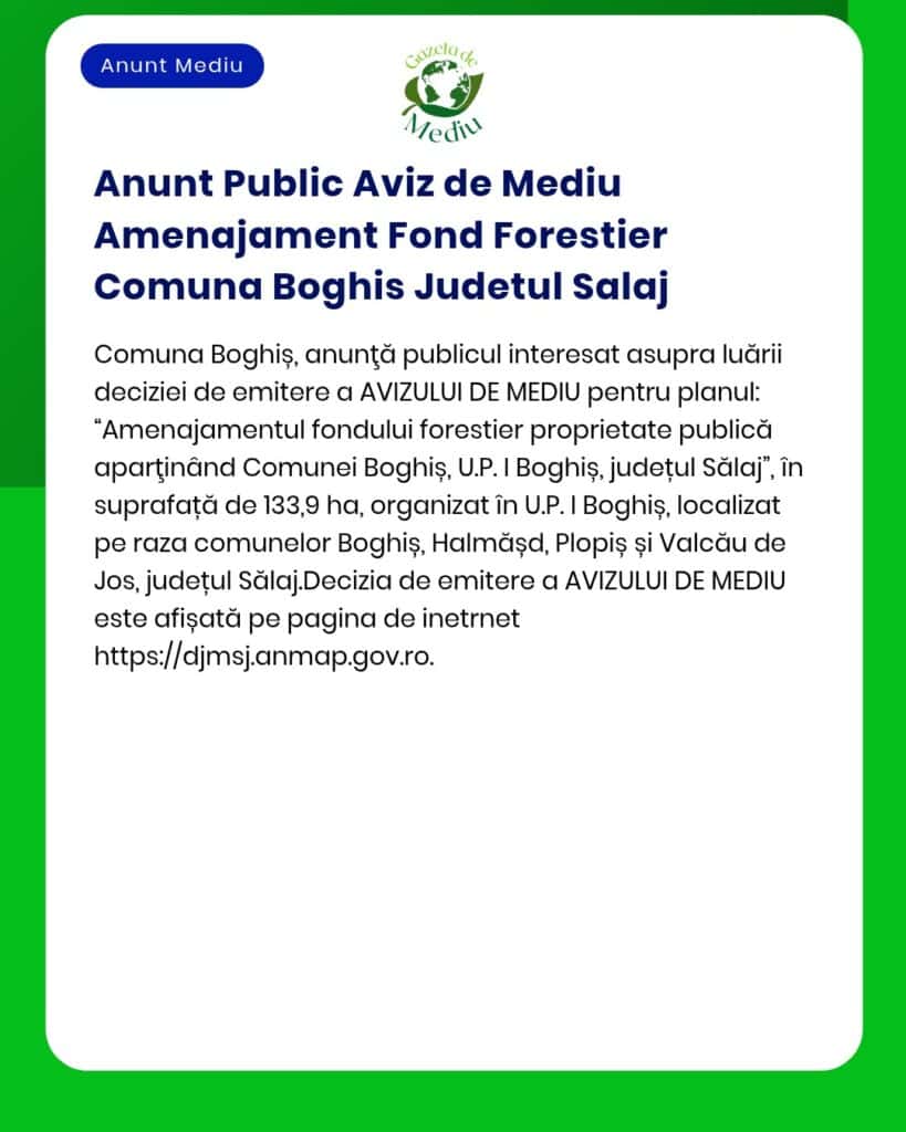 Anunt Public Aviz de Mediu Amenajament Fond Forestier Comuna Boghis Ju