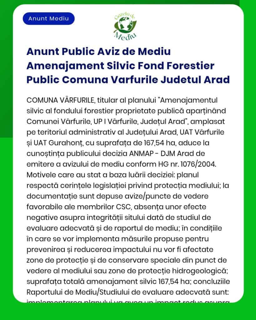 Anunt Public Aviz de Mediu Amenajament Silvic Fond Forestier Public Co