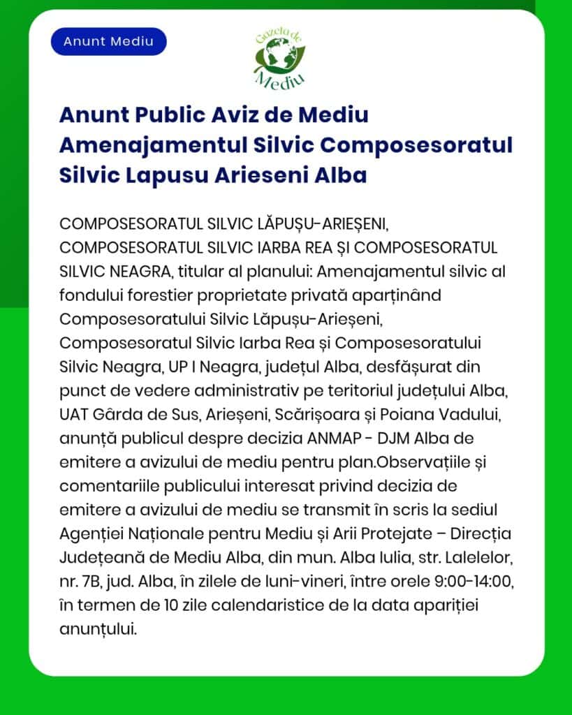 Anunt Public Aviz de Mediu Amenajamentul Silvic Composesoratul Silvic