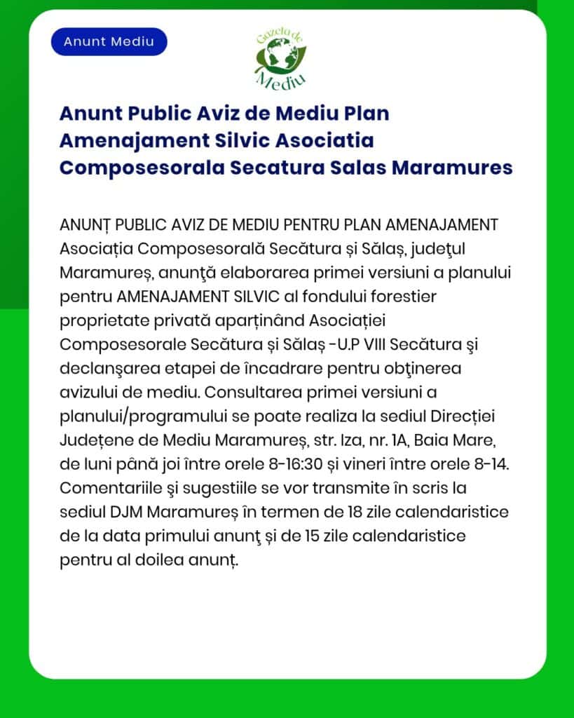 Anunt Public Aviz de Mediu Plan Amenajament Silvic Asociatia Composeso