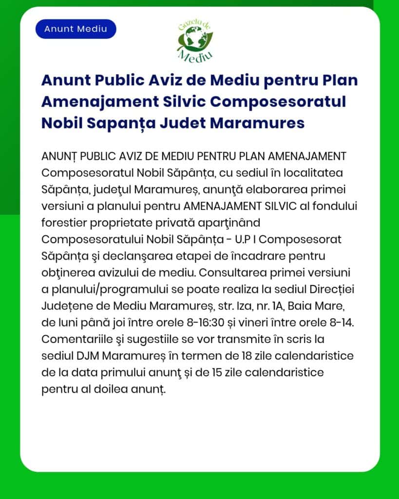 Anunt Public Aviz de Mediu pentru Plan Amenajament Silvic Composesorat